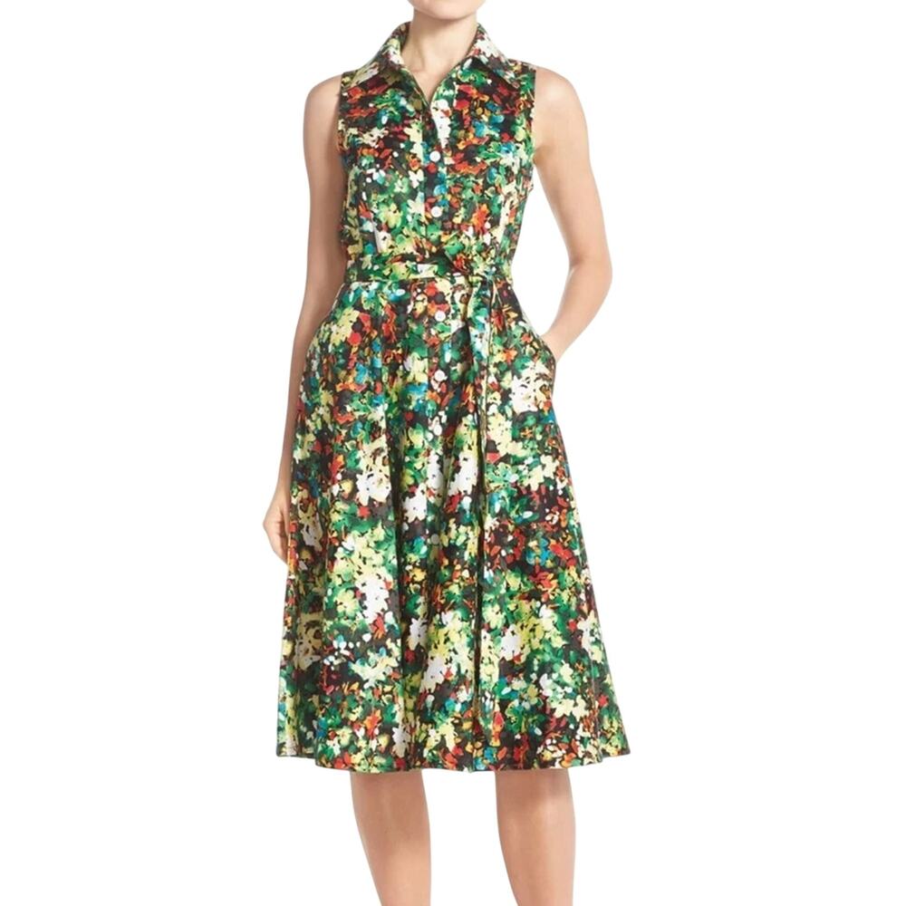 Leslie Fay Black Floral Sleeveless Button-Down Midi Shirt Dress Size 4